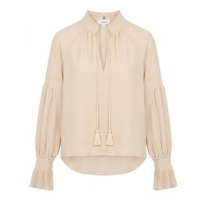 Anthropologie Foxiedox Cream Smocked High Neck Tassel Blouse Pleated Cuff Small